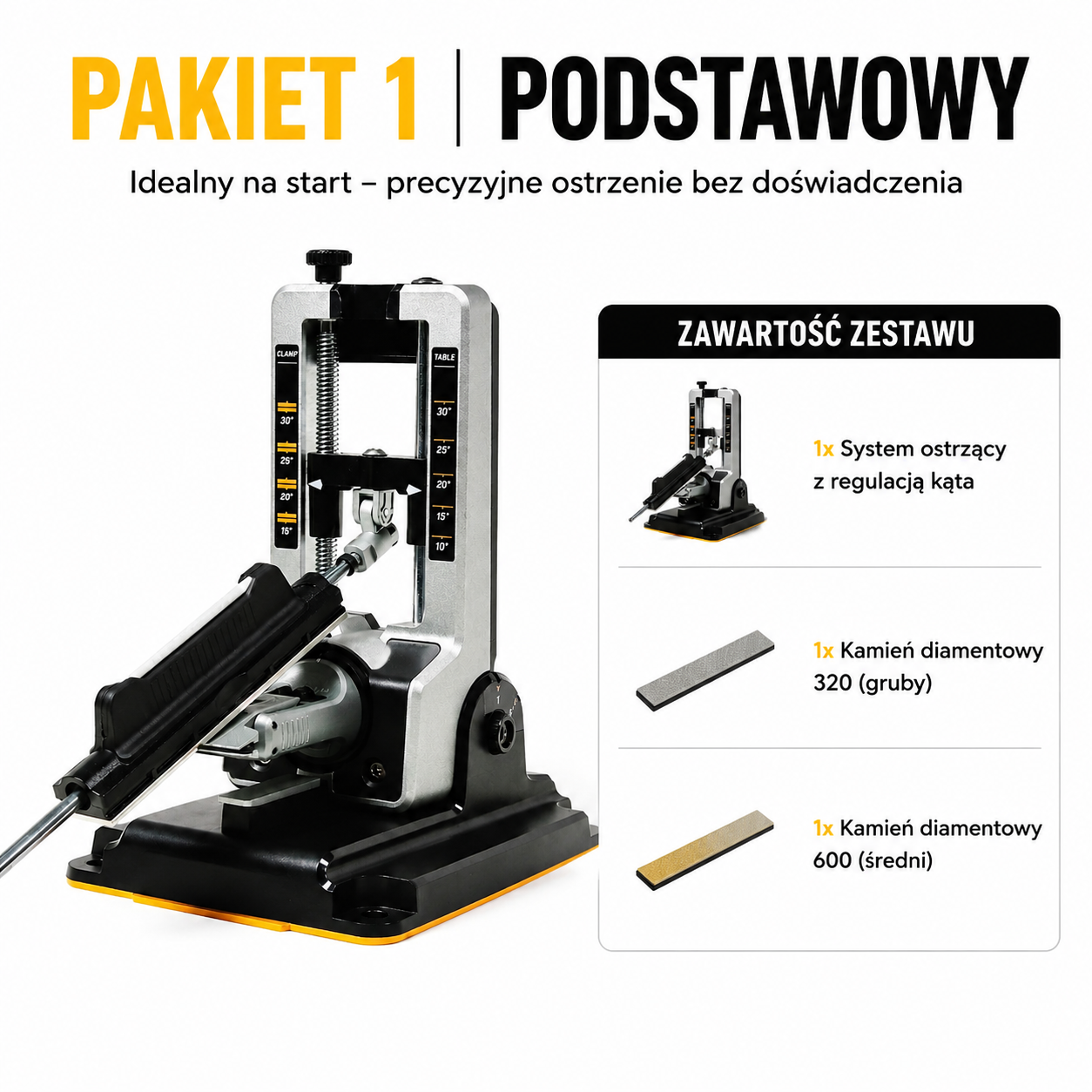 Precyzyjny system ostrzenia noży 15°–30°