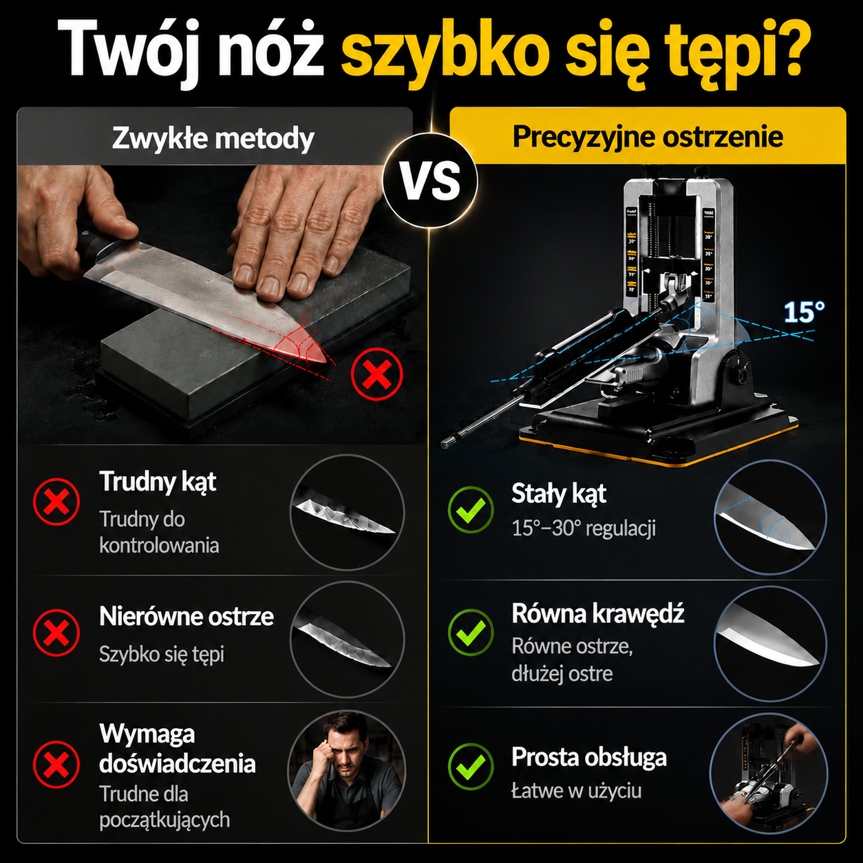 Precyzyjny system ostrzenia noży 15°–30°
