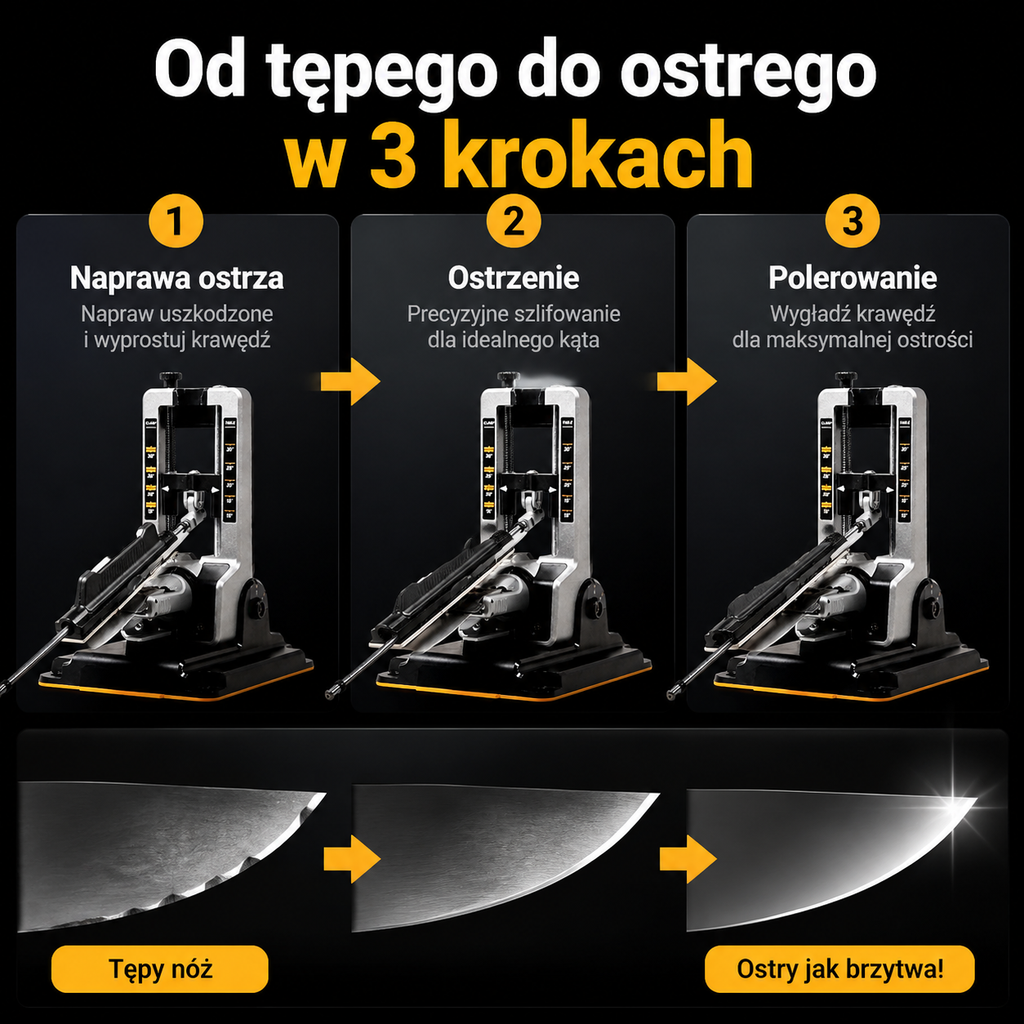 Precyzyjny system ostrzenia noży 15°–30°