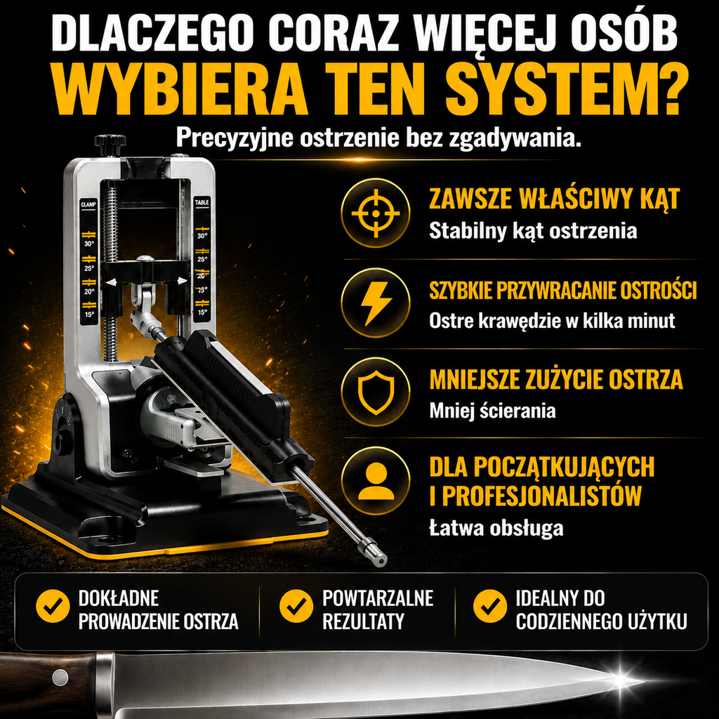 Precyzyjny system ostrzenia noży 15°–30°
